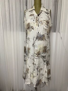 Egen Klein Sleeveless Abstract Print Linen Dress in White and Taupe Size M